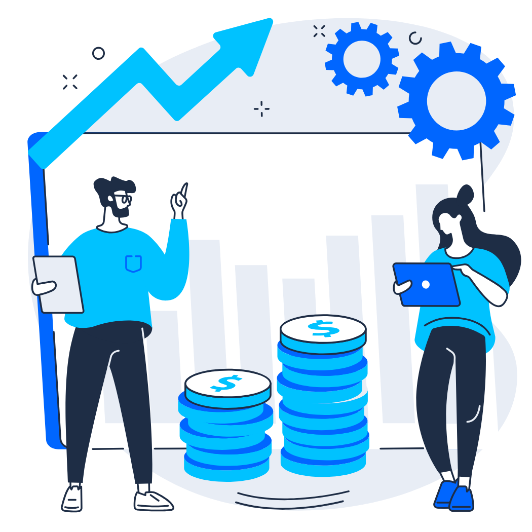 A person with a megaphone next to an upward-trending analytics dashboard, representing the actionable insights you receive from the AI visibility report